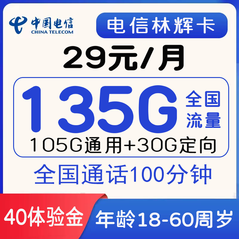 电信林辉卡 29元包105G通用+30G定向+100分钟通话